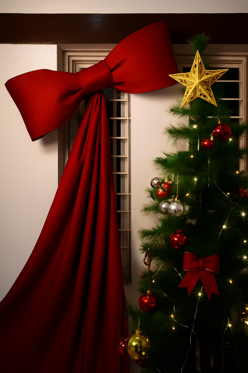 Premium Satin Red Bow with Long Drape Cloth