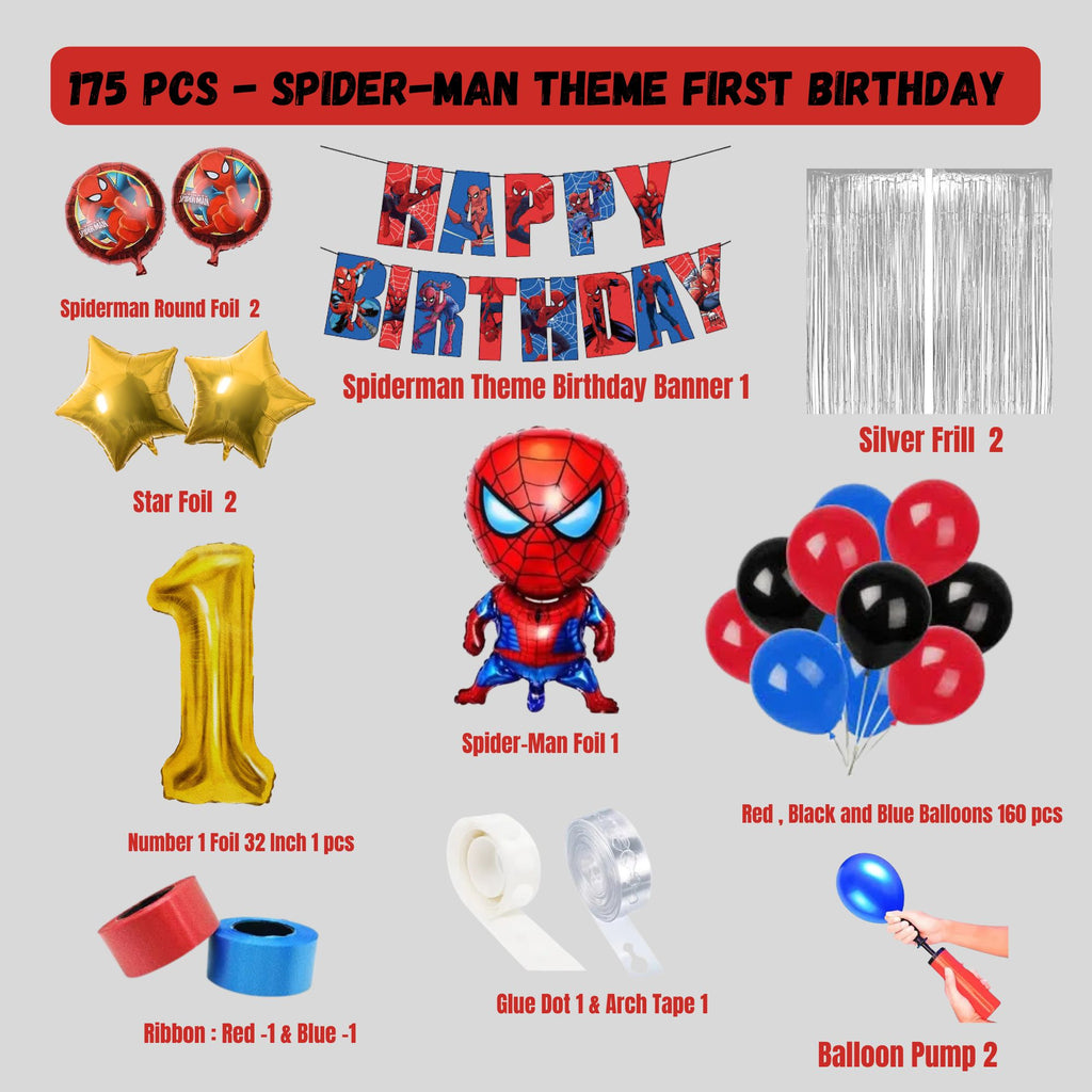 ✨ Spider Hero 1st Birthday Decoration Kit – 175 Pcs | Full Party Combo ✨